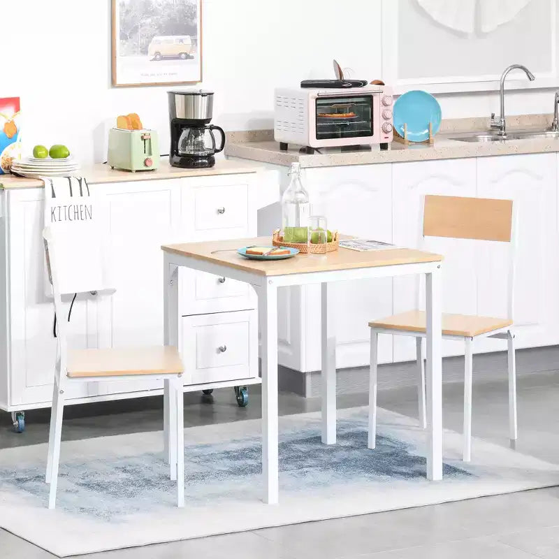 HOMCOM Ensemble Table à Manger Carrée 3 Pièces en Bois avec 1 Table et 2 Chaises et Cadre Métallique Robuste pour Petits Espaces, Blanc