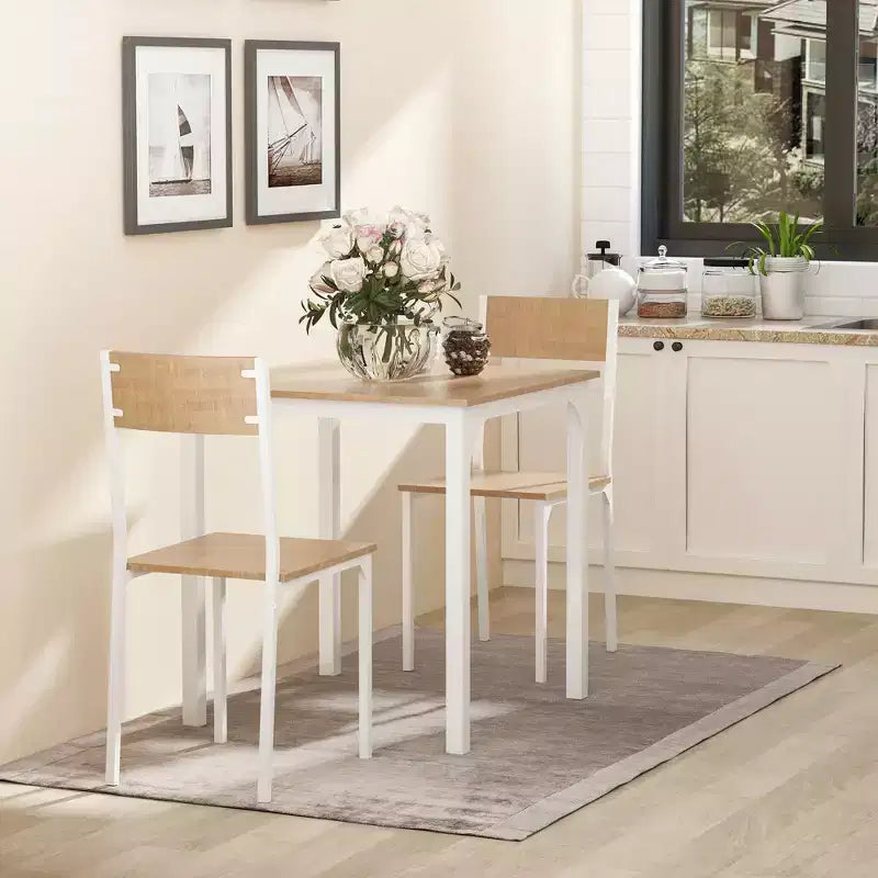 HOMCOM Ensemble Table à Manger Carrée 3 Pièces en Bois avec 1 Table et 2 Chaises et Cadre Métallique Robuste pour Petits Espaces, Blanc