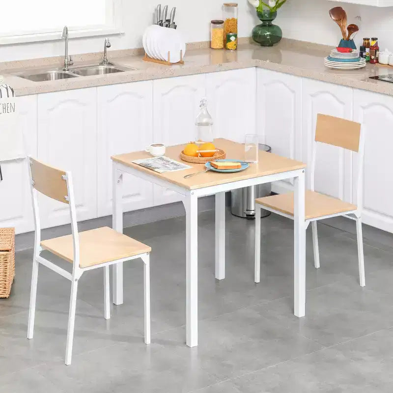 HOMCOM Ensemble Table à Manger Carrée 3 Pièces en Bois avec 1 Table et 2 Chaises et Cadre Métallique Robuste pour Petits Espaces, Blanc