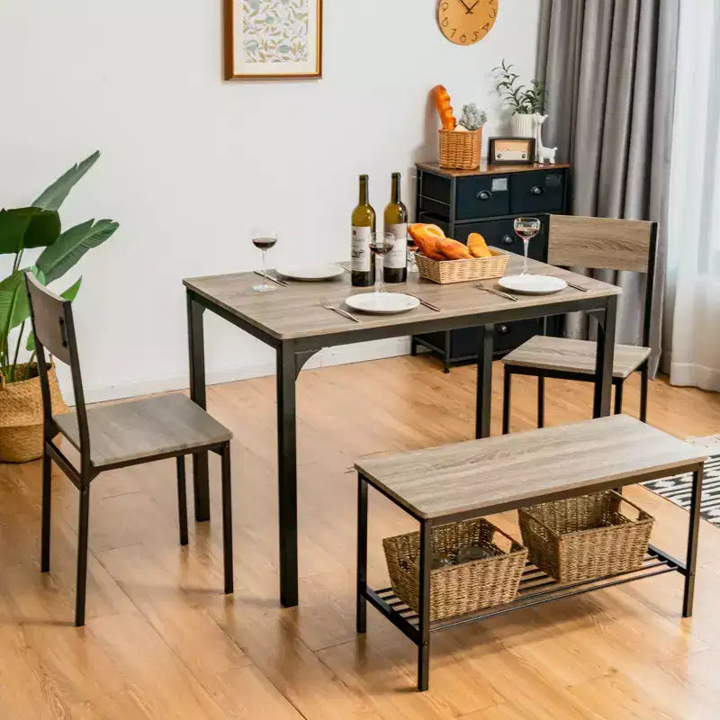 Ensemble table à manger 4 pièces Costway, bureau rustique, 2 chaises et banc avec étagère de rangement