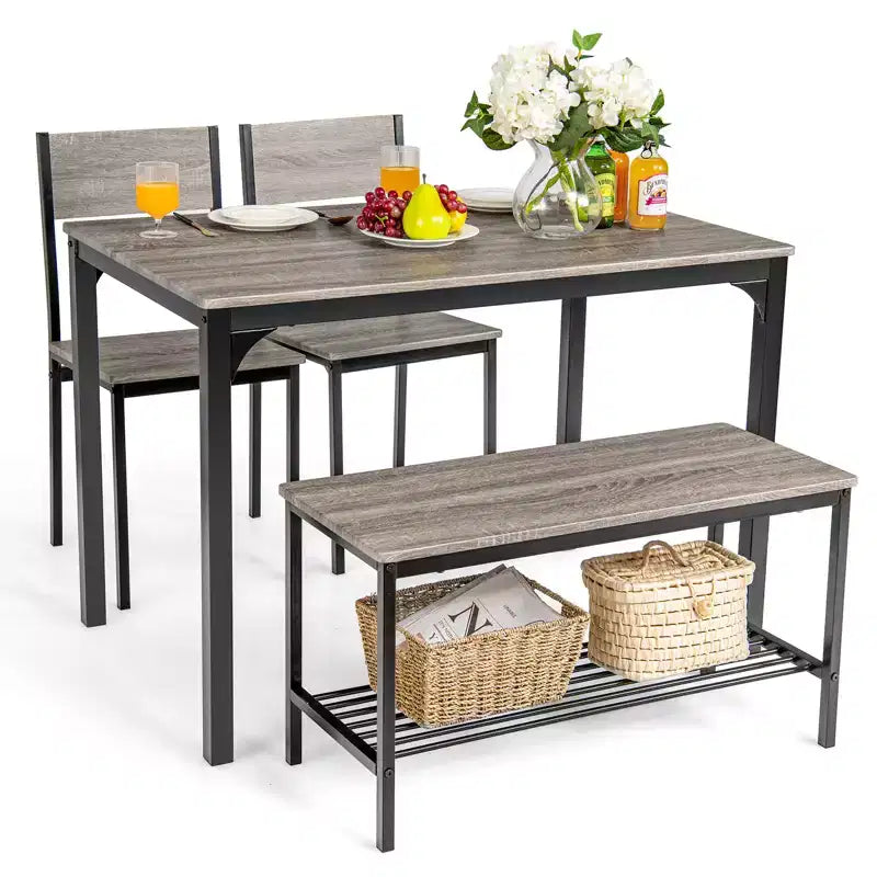 Ensemble table à manger 4 pièces Costway, bureau rustique, 2 chaises et banc avec étagère de rangement