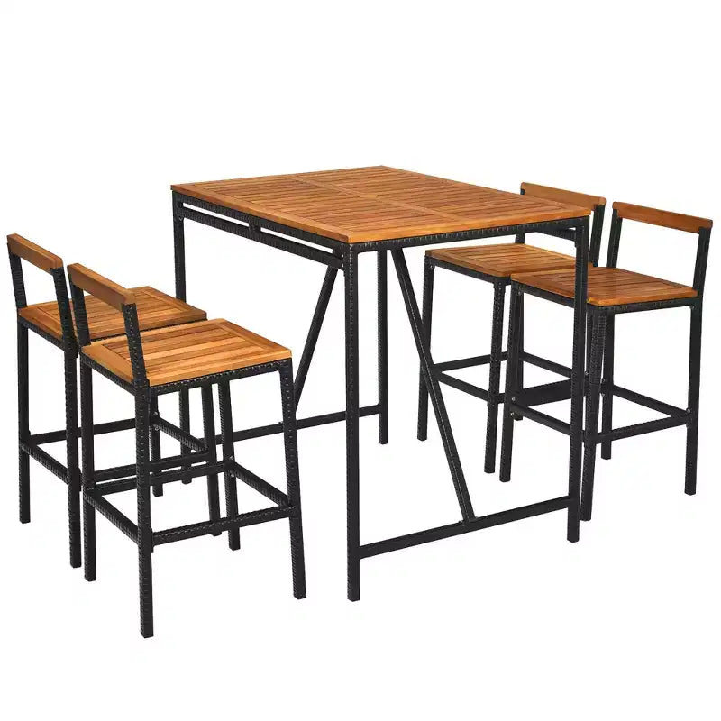 Costway Ensemble de Bar de Jardin 5 Pièces en Rotin avec Table et Tabourets Plateau en Bois d'Acacia et Trou pour Parasol