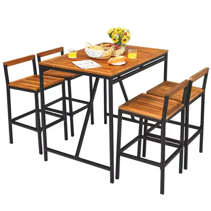 Costway Ensemble de Bar de Jardin 5 Pièces en Rotin avec Table et Tabourets Plateau en Bois d'Acacia et Trou pour Parasol