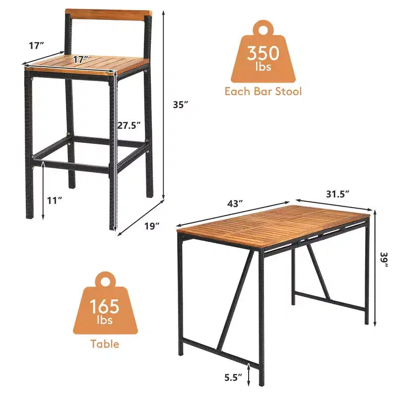 Costway Ensemble de Bar de Jardin 5 Pièces en Rotin avec Table et Tabourets Plateau en Bois d'Acacia et Trou pour Parasol