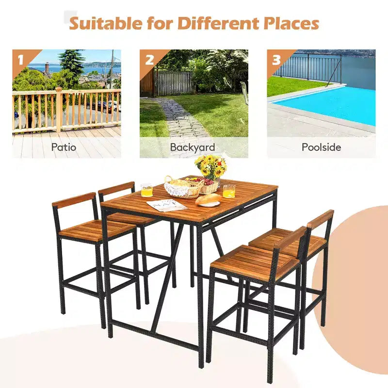 Costway Ensemble de Bar de Jardin 5 Pièces en Rotin avec Table et Tabourets Plateau en Bois d'Acacia et Trou pour Parasol