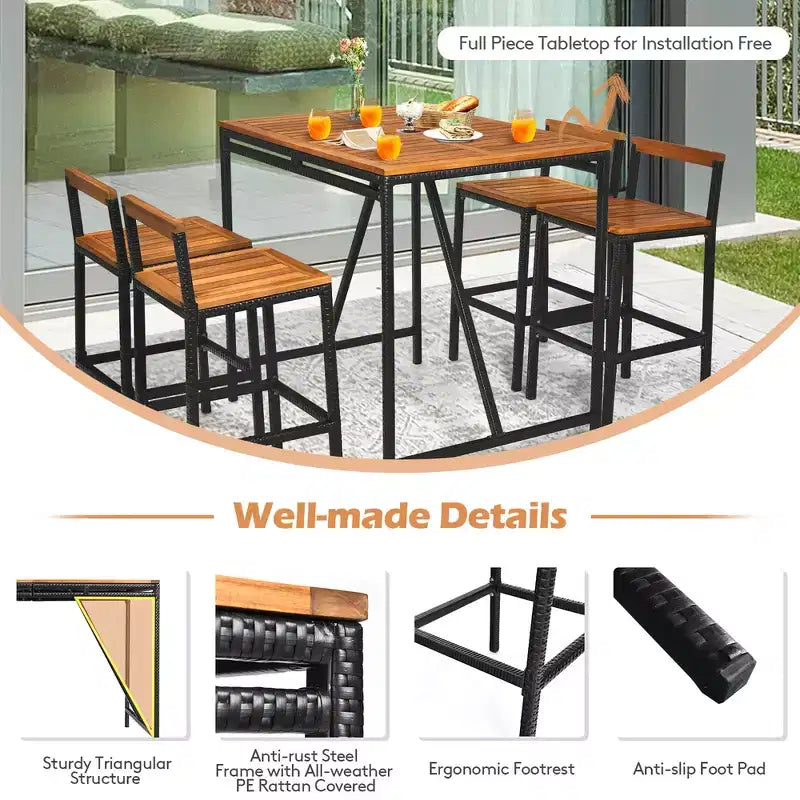 Costway Ensemble de Bar de Jardin 5 Pièces en Rotin avec Table et Tabourets Plateau en Bois d'Acacia et Trou pour Parasol