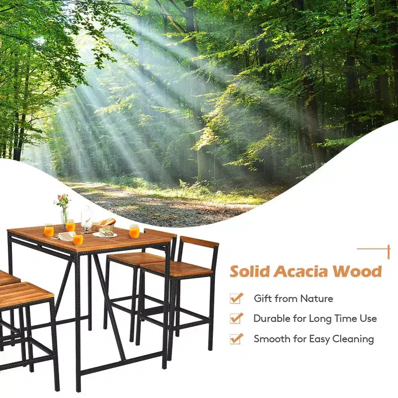 Costway Ensemble de Bar de Jardin 5 Pièces en Rotin avec Table et Tabourets Plateau en Bois d'Acacia et Trou pour Parasol