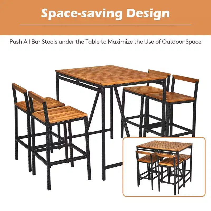 Costway Ensemble de Bar de Jardin 5 Pièces en Rotin avec Table et Tabourets Plateau en Bois d'Acacia et Trou pour Parasol