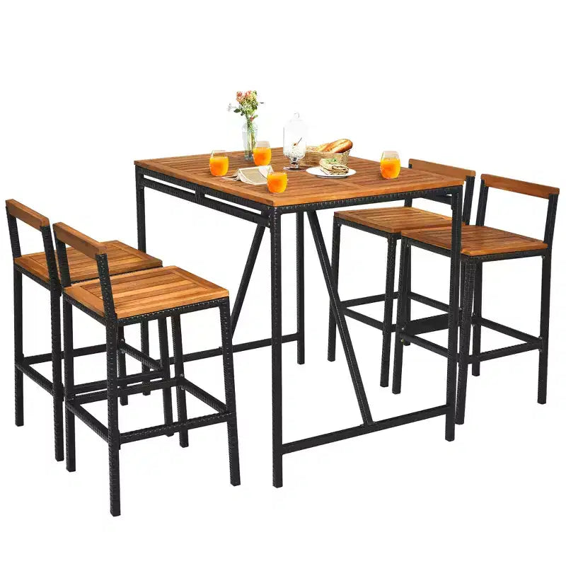 Costway Ensemble de Bar de Jardin 5 Pièces en Rotin avec Table et Tabourets Plateau en Bois d'Acacia et Trou pour Parasol
