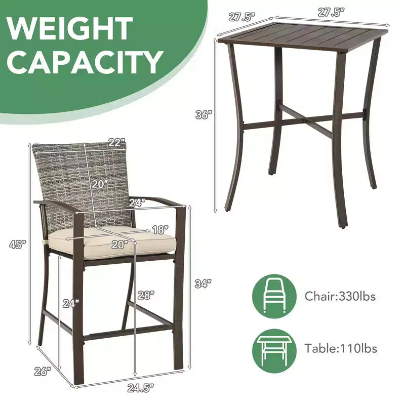 Ensemble de meubles de bar de patio 3 pièces Costway en rotin avec table à lattes et 2 tabourets coussinés marron pour bord de piscine