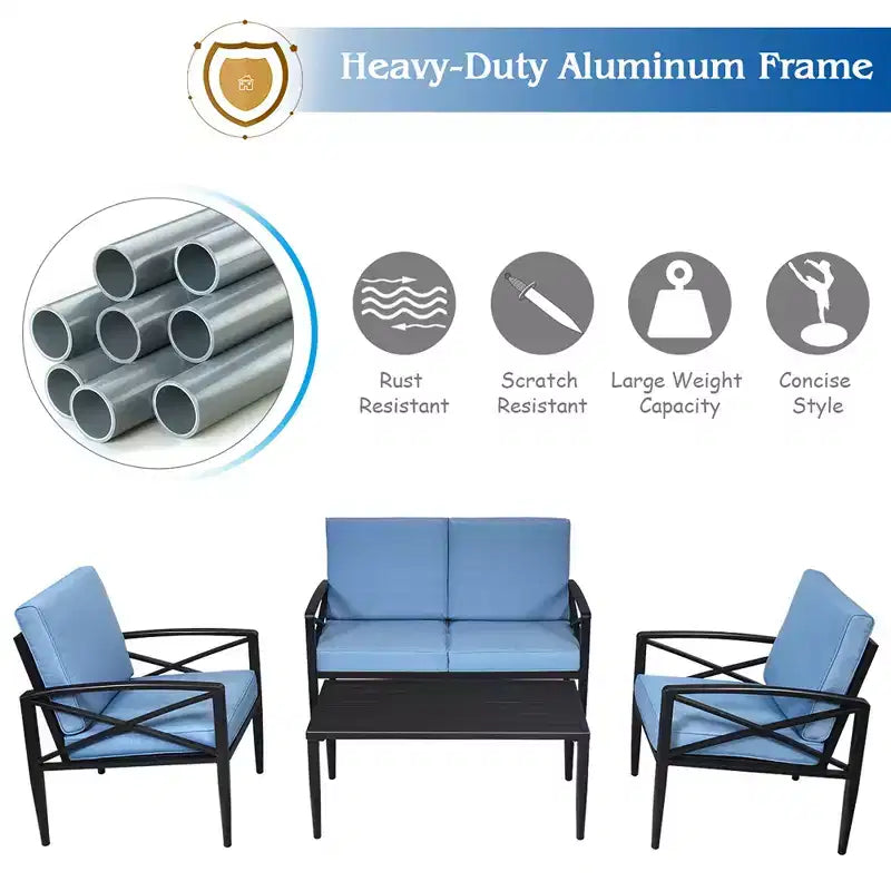 Costway Ensemble de mobilier de jardin 8 pièces, cadre en aluminium, canapé rembourré, chaise, table basse, bleu