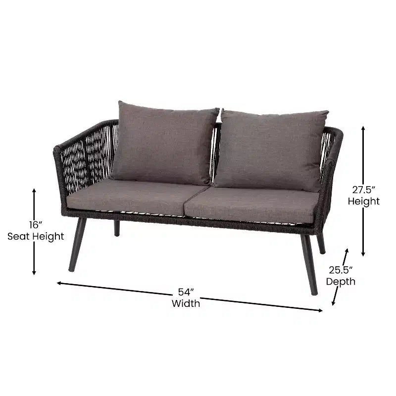 Merrick Lane - Ensemble de mobilier d'extérieur 4 pièces avec canapé, 2 fauteuils et table basse à cadre en aluminium tressé noir avec coussins gris