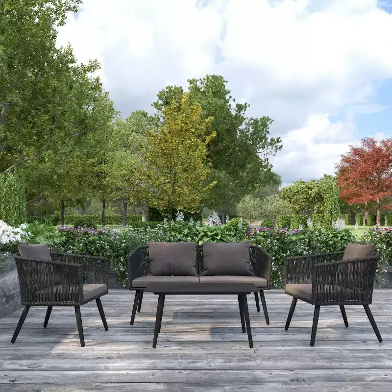 Merrick Lane - Ensemble de mobilier d'extérieur 4 pièces avec canapé, 2 fauteuils et table basse à cadre en aluminium tressé noir avec coussins gris