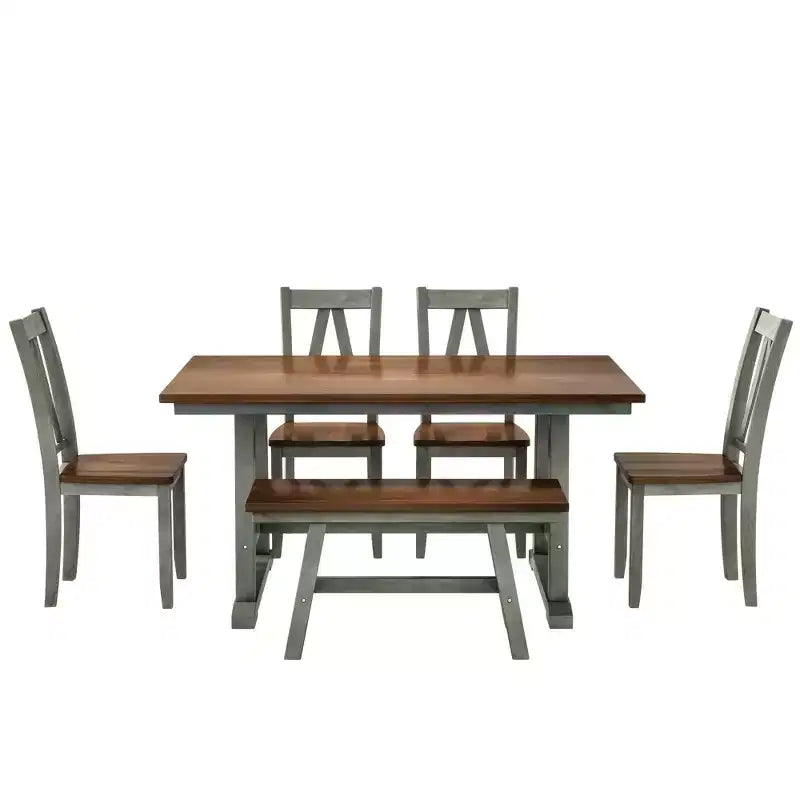 Ensemble de table à manger en bois de ferme 6 pièces avec longue banquette et 4 chaises de salle à manger - ModernLuxe