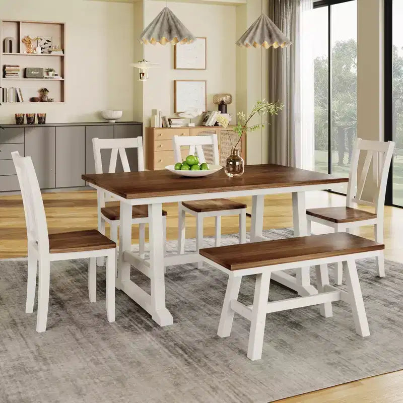 Ensemble de table à manger en bois de ferme 6 pièces avec longue banquette et 4 chaises de salle à manger - ModernLuxe