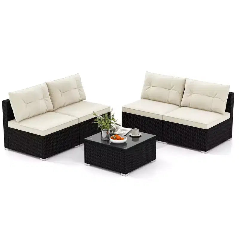 Ensemble de mobilier d'extérieur Costway 5 pièces avec coussins d'assise et de dossier Plateau en verre trempé
