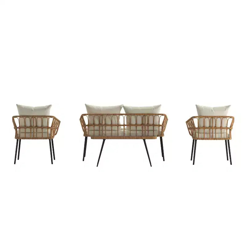 Ensemble de patio bohème Merrick Lane de quatre pièces tressé en corde de rotin naturel pour l'intérieur/l'extérieur avec deux chaises, une causeuse et une table avec coussins