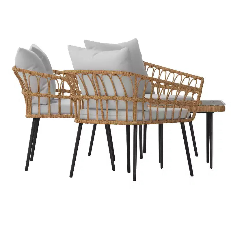 Ensemble de patio bohème Merrick Lane de quatre pièces tressé en corde de rotin naturel pour l'intérieur/l'extérieur avec deux chaises, une causeuse et une table avec coussins