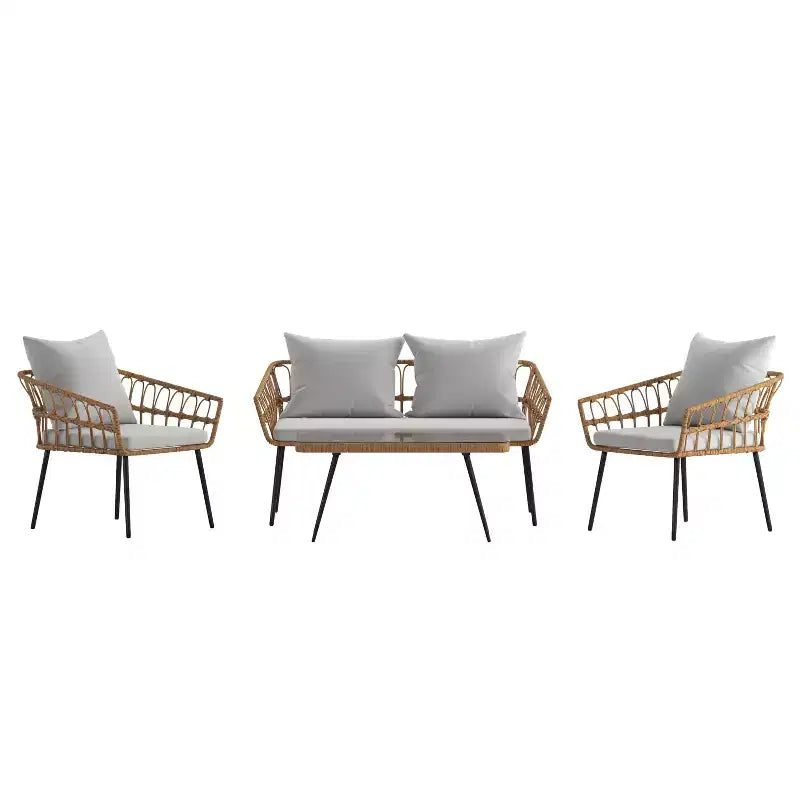 Ensemble de patio bohème Merrick Lane de quatre pièces tressé en corde de rotin naturel pour l'intérieur/l'extérieur avec deux chaises, une causeuse et une table avec coussins