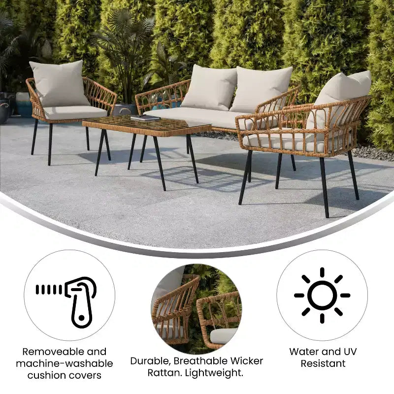 Ensemble de patio bohème Merrick Lane de quatre pièces tressé en corde de rotin naturel pour l'intérieur/l'extérieur avec deux chaises, une causeuse et une table avec coussins