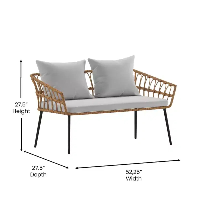 Ensemble de patio bohème Merrick Lane de quatre pièces tressé en corde de rotin naturel pour l'intérieur/l'extérieur avec deux chaises, une causeuse et une table avec coussins