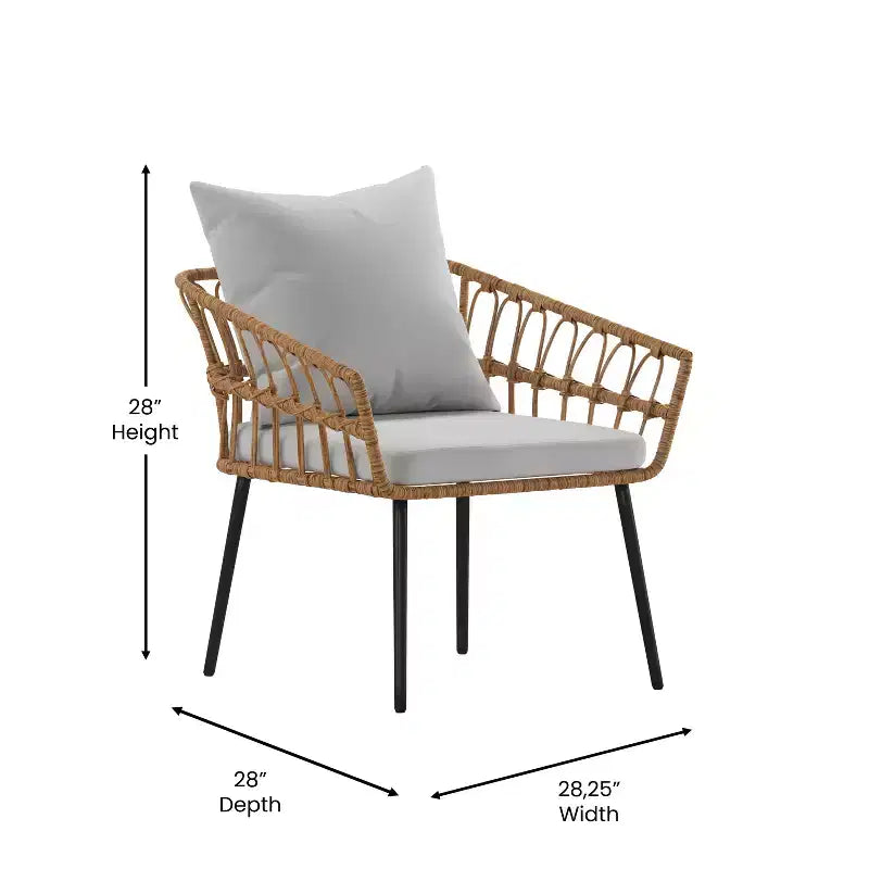 Ensemble de patio bohème Merrick Lane de quatre pièces tressé en corde de rotin naturel pour l'intérieur/l'extérieur avec deux chaises, une causeuse et une table avec coussins