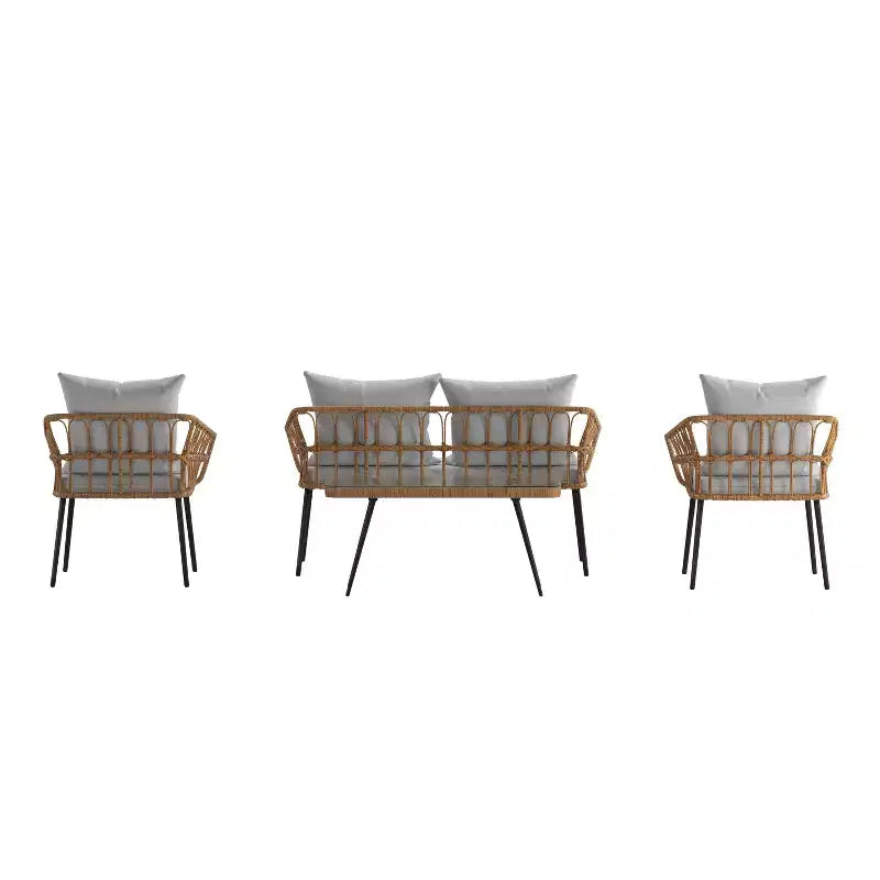 Ensemble de patio bohème Merrick Lane de quatre pièces tressé en corde de rotin naturel pour l'intérieur/l'extérieur avec deux chaises, une causeuse et une table avec coussins