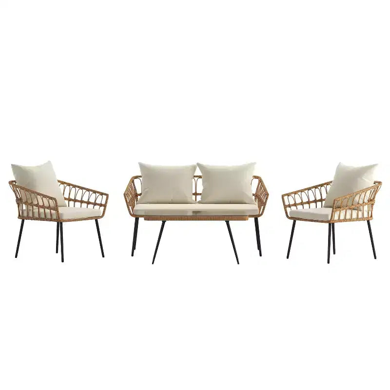 Ensemble de patio bohème Merrick Lane de quatre pièces tressé en corde de rotin naturel pour l'intérieur/l'extérieur avec deux chaises, une causeuse et une table avec coussins