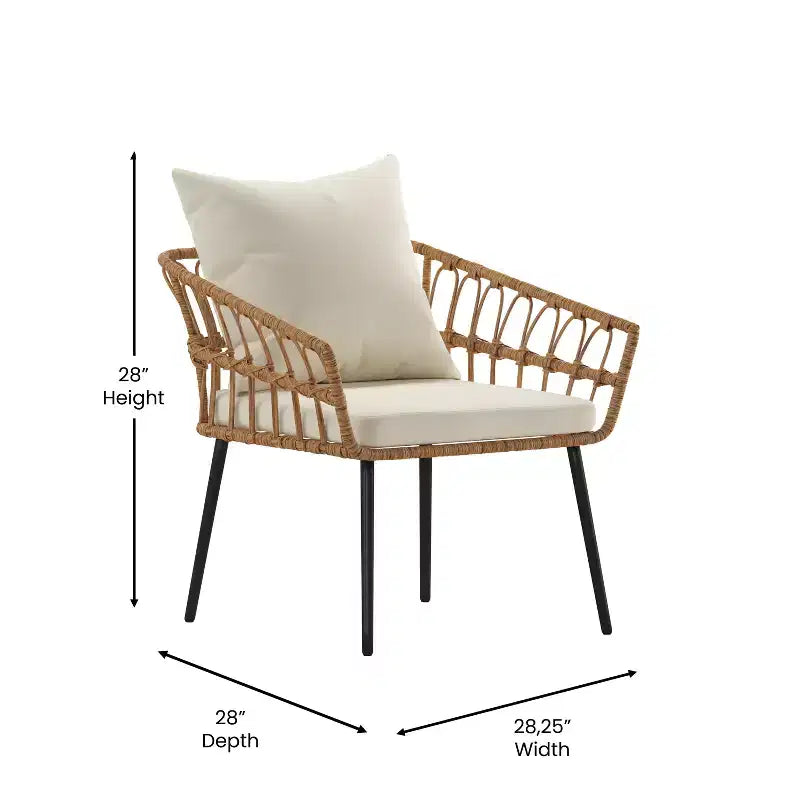 Ensemble de patio bohème Merrick Lane de quatre pièces tressé en corde de rotin naturel pour l'intérieur/l'extérieur avec deux chaises, une causeuse et une table avec coussins