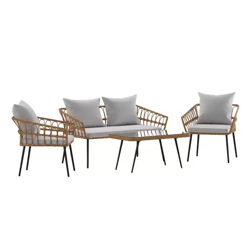 Ensemble de patio bohème Merrick Lane de quatre pièces tressé en corde de rotin naturel pour l'intérieur/l'extérieur avec deux chaises, une causeuse et une table avec coussins