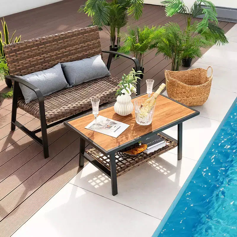 Costway Ensemble de 2 pièces table basse et causeuse en rotin pour patio, avec coussins de dossier et d'assise rembourrés à séchage rapide