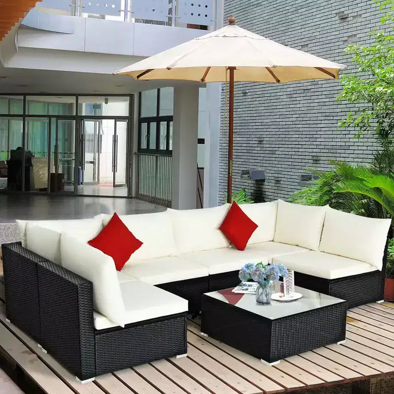 Costway Salon de Jardin en Résine Tressée 7 Pièces Canapés Modulables avec Coussins Déhoussables Blanc Cassé et Gris