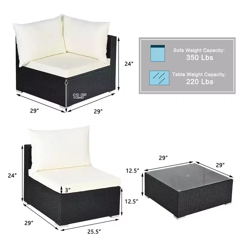 Costway Salon de Jardin en Résine Tressée 7 Pièces Canapés Modulables avec Coussins Déhoussables Blanc Cassé et Gris