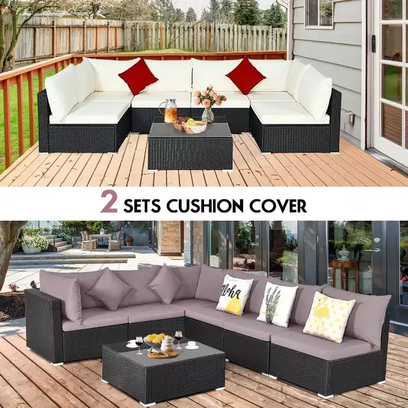 Costway Salon de Jardin en Résine Tressée 7 Pièces Canapés Modulables avec Coussins Déhoussables Blanc Cassé et Gris