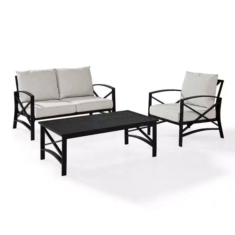 Ensemble de mobilier d'extérieur 3 pièces en acier Kaplan Crosley avec causeuse, fauteuil et table basse