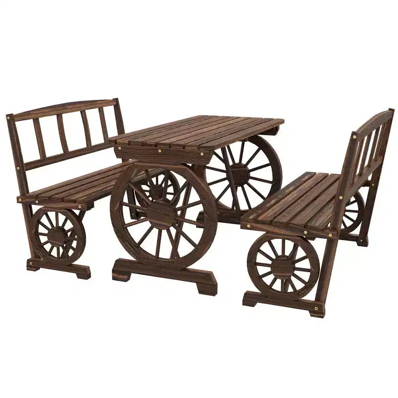 Outsunny – Ensemble table et chaises de jardin pour 4 personnes, mobilier en bois avec motif de roue de chariot, pour jardin, terrasse, carbonisé