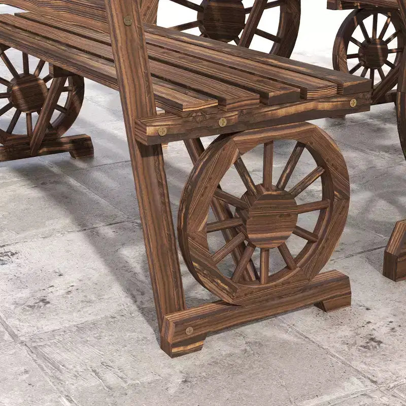 Outsunny – Ensemble table et chaises de jardin pour 4 personnes, mobilier en bois avec motif de roue de chariot, pour jardin, terrasse, carbonisé