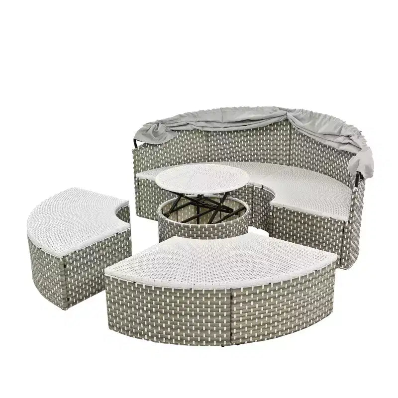 Canapé d'angle d'extérieur rond pour terrasse, lit de jardin en rotin avec auvent rétractable, tissage bicolore, 4A - ModernLuxe