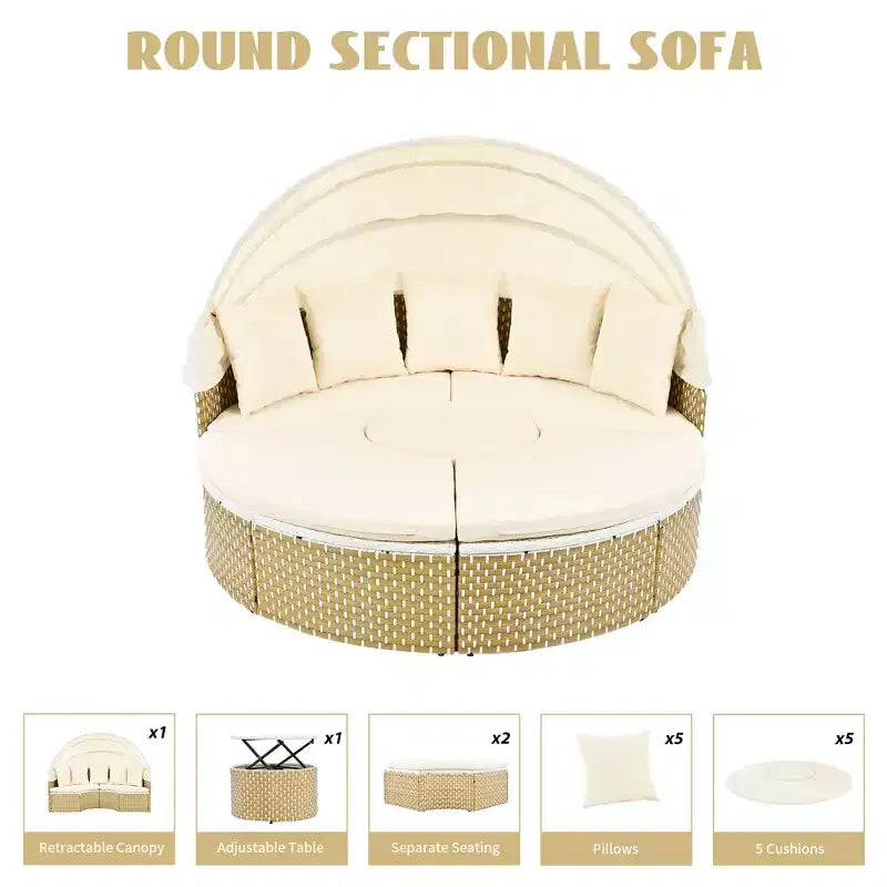 Canapé d'angle d'extérieur rond pour terrasse, lit de jardin en rotin avec auvent rétractable, tissage bicolore, 4A - ModernLuxe
