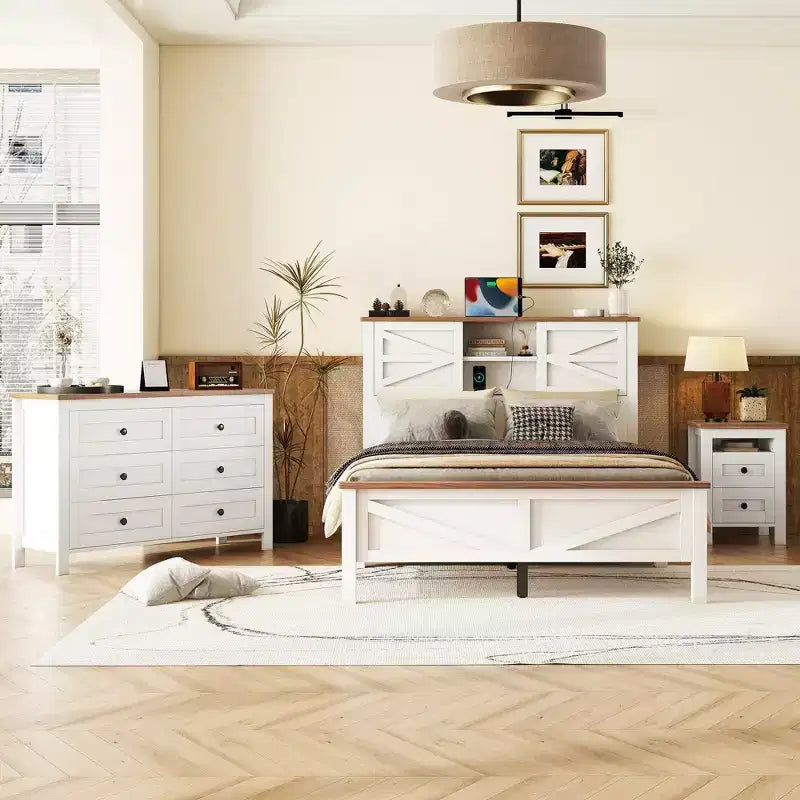 Ensembles de Chambre 3 Pièces style Ferme, Lit Plateforme avec Rangement et Table de Chevet et Commode 4 Tiroirs - ModernLuxe