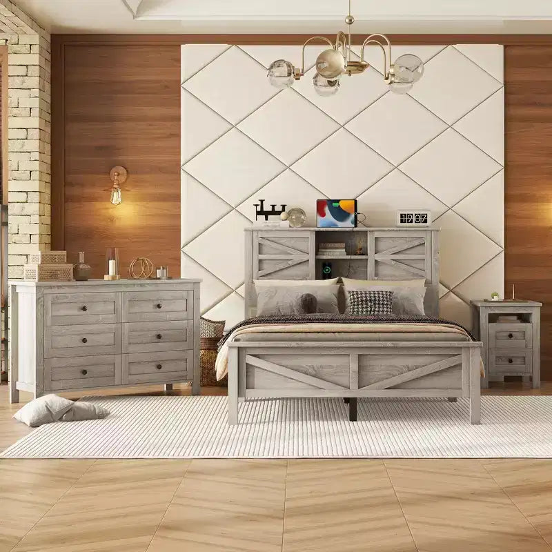 Ensembles de Chambre 3 Pièces style Ferme, Lit Plateforme avec Rangement et Table de Chevet et Commode 4 Tiroirs - ModernLuxe