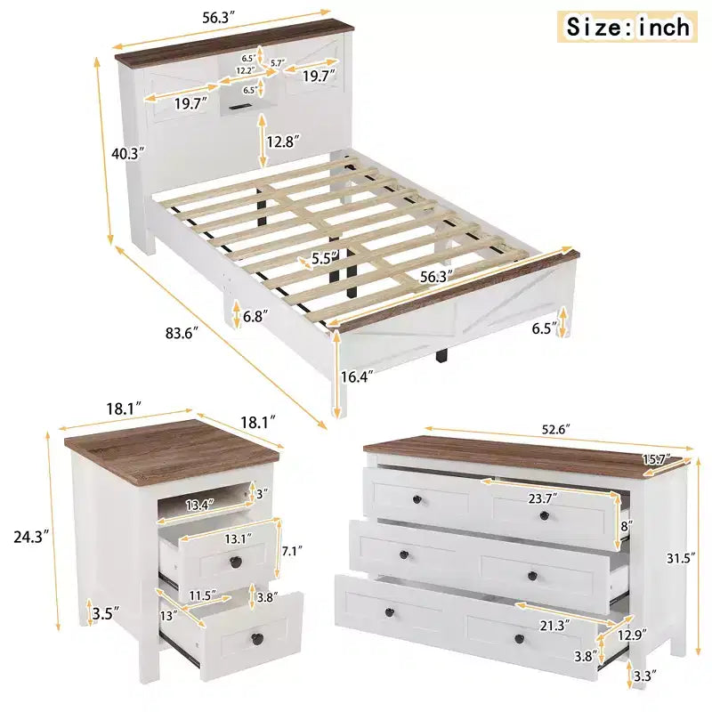 Ensembles de Chambre 3 Pièces style Ferme, Lit Plateforme avec Rangement et Table de Chevet et Commode 4 Tiroirs - ModernLuxe