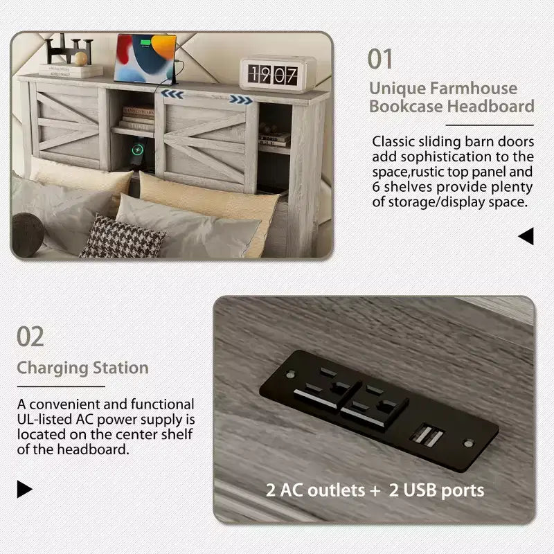 Ensembles de Chambre 3 Pièces style Ferme, Lit Plateforme avec Rangement et Table de Chevet et Commode 4 Tiroirs - ModernLuxe