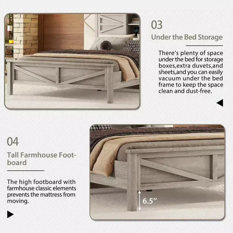 Ensembles de Chambre 3 Pièces style Ferme, Lit Plateforme avec Rangement et Table de Chevet et Commode 4 Tiroirs - ModernLuxe