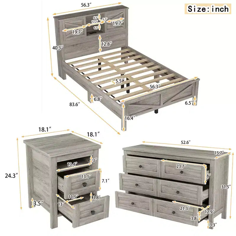 Ensembles de Chambre 3 Pièces style Ferme, Lit Plateforme avec Rangement et Table de Chevet et Commode 4 Tiroirs - ModernLuxe