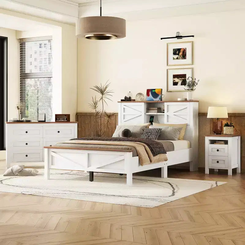 Ensembles de Chambre 3 Pièces style Ferme, Lit Plateforme avec Rangement et Table de Chevet et Commode 4 Tiroirs - ModernLuxe