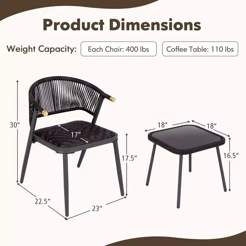 Costway Ensemble de Meubles de Jardin en Rotin 3 Pièces avec Plateau de Table en Verre Trempé et Sièges en Osier