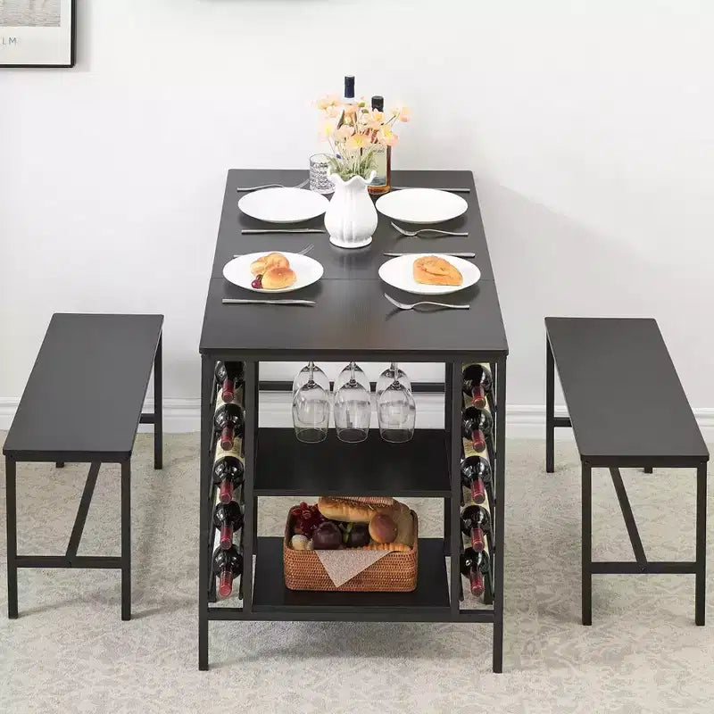 Ensemble de salle à manger Whizmax pour 4 personnes, ensemble table de cuisine pour 4 personnes avec 2 bancs, ensemble table de salle à manger rectangulaire avec casier à vin pour petit appartement