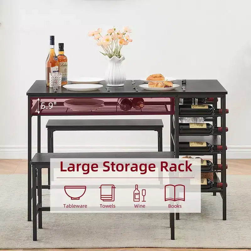 Ensemble de salle à manger Whizmax pour 4 personnes, ensemble table de cuisine pour 4 personnes avec 2 bancs, ensemble table de salle à manger rectangulaire avec casier à vin pour petit appartement