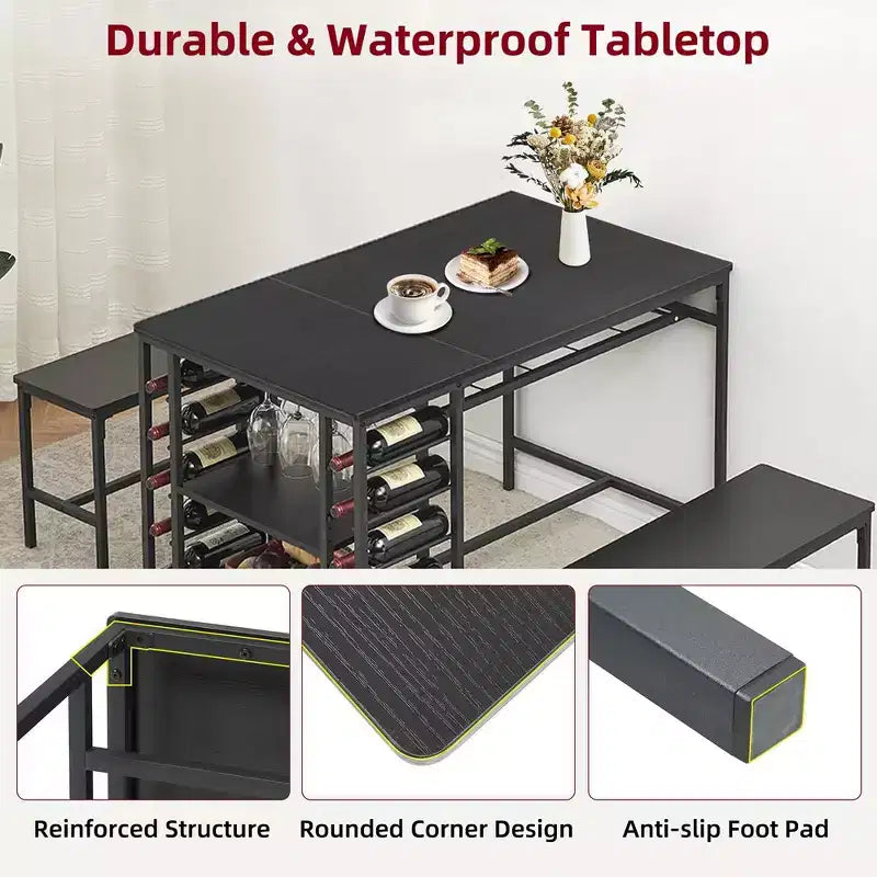Ensemble de salle à manger Whizmax pour 4 personnes, ensemble table de cuisine pour 4 personnes avec 2 bancs, ensemble table de salle à manger rectangulaire avec casier à vin pour petit appartement